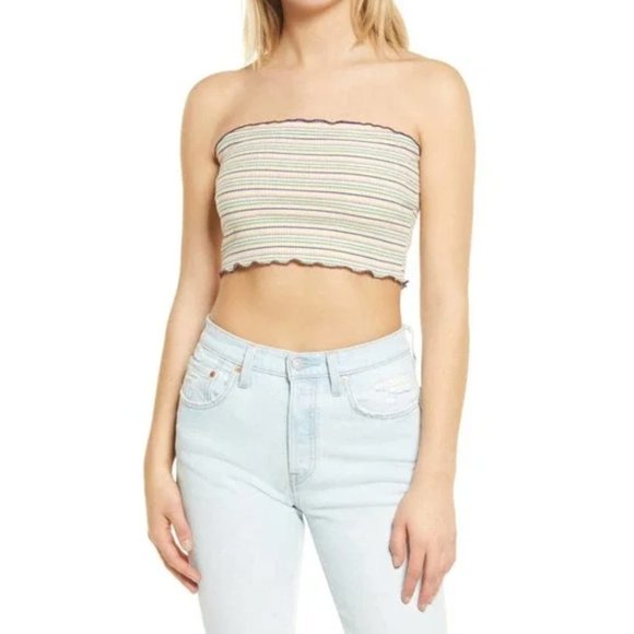 BP Striped Rib Strapless Tube Crop Top Ivory Multicolor Retro medium - Picture 1 of 7